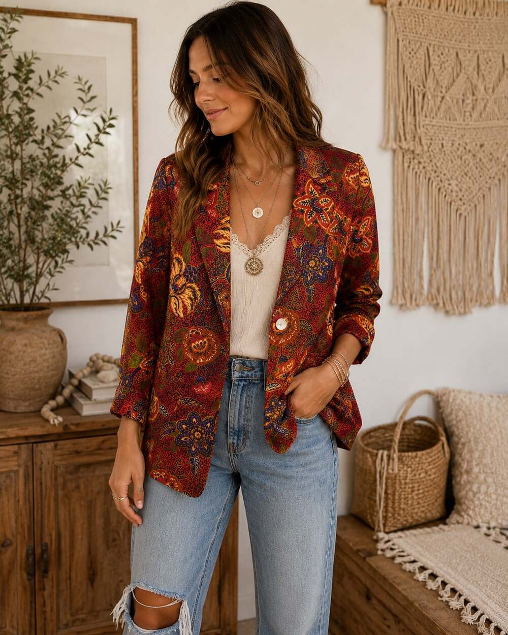 JH Collectibles 100% Silk Floral Blazer Jacket Boho Cottagecore Size 6